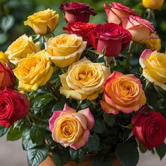 Fototapeta premium Vibrant Bouquet of Yellow, Red, and Peach Roses