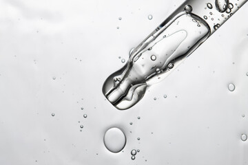 Pipette with serum, transparent cosmetic liquid, top view, macro.