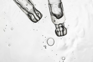 Two pipettes with transparent hyaluronic acid, body serum, top view, macro.