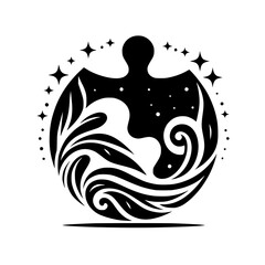 Celestial Embrace: Black & White Mandala with Flowing Forms and Stars