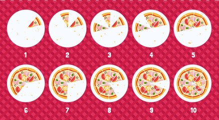 Vector cartoon illustration of pizza slices. Educational material for children. Studying the account.
