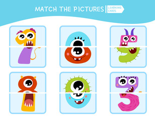 Matching children educational game. Match parts of monster numbers. Activity for pre sсhool years kids and toddlers.