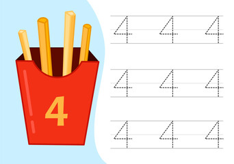 Kids learning material. Worksheet for learning numbers. Number 4.