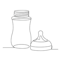Continuous single line of baby milk bottle pacifier newborn toddler tool equipment children family love sketch drawing editable stroke vector illustration