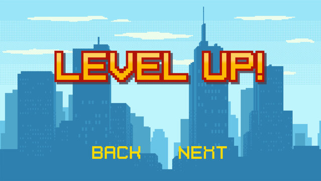 Pixel art game background with Level Up text and city background. Game pixel arcade screen for game design. Retro style GUI vector design.