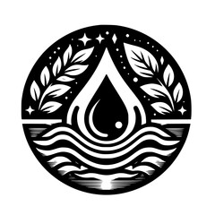 Nature's Circle: A Black & White Emblem of Water, Leaves, & Stars