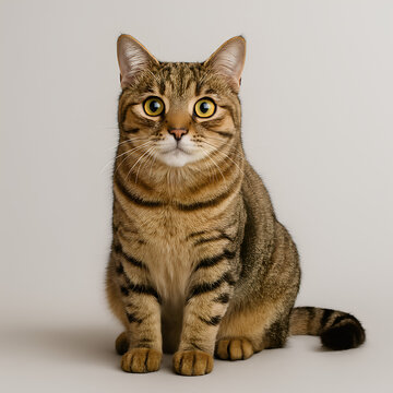 Curious Gaze: A domestic cat with striking stripes and expressive eyes sits poised, exuding an air of curiosity and charm, a captivating portrait.
