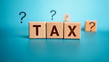 TAX  Day  Wooden letter blocks spelling TAX, blue background, fists raised in protest, financial concept, income tax, taxation frustration, minimalist composition, shallow depth of field, macro 