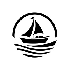 Nautical Icon: Sailboat Silhouette within Circle on White