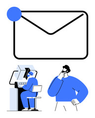 Giant envelope with notification badge over thoughtful person and worker typing on computer. Ideal for communication, email management, technology, teamwork, office productivity, work planning, flat