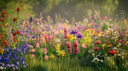 Obraz premium A vibrant field filled with a variety of colorful wildflowers in bloom.
