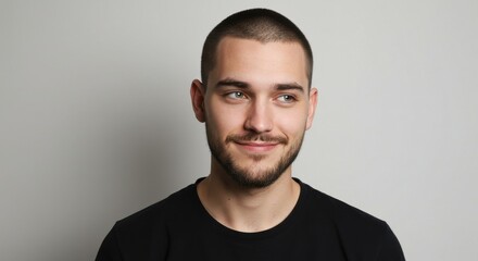 Obraz premium Young man with a beard smiling against a neutral background, exuding confidence