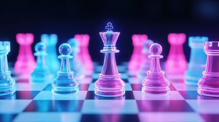 A vibrant chess set with translucent pieces in pink and blue, arranged on a checkered board, emphasizing strategy and competition.