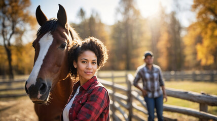 Obraz premium Woman standing next to horse at the horse stud in countryside. Equestarian and horseback riding hobby. Woman horse rider 
