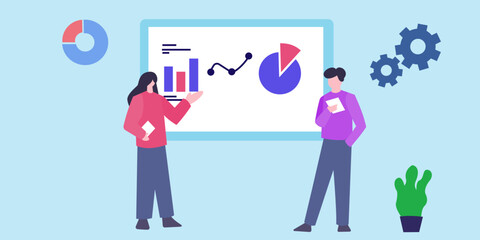 Obraz premium vector illustration of business people with diagram and graph