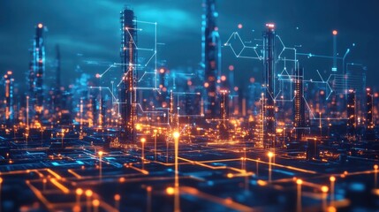 Futuristic city skyline with digital network overlays