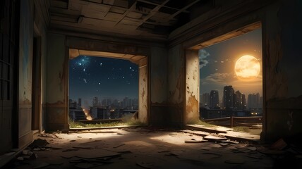 Fototapeta premium ゲーム背景 夜明け前のスラム街廃墟の裏通りビルの崩壊した室内部屋屋内風景