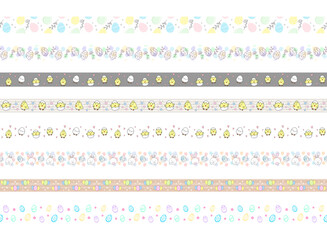 Festive ribbons with cute Easter decor, isolated on a white background. Collection of various horizontal edging. Vector set of seamless borders for holiday greeting card, washi tape and scrapbooking