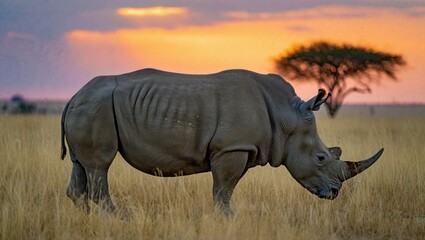 Fototapeta premium Majestic rhinoceros walking in african savanna at sunset