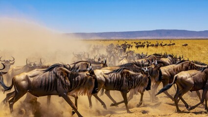 Wildlife migration: wildebeest herd charging across dusty grasslands in africa