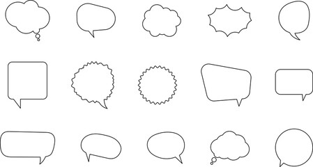 Set of blank white speech bubble in flat design, chatting box, message box icon. Balloon doodle style of thinking sign symbol. Speech bubble isolated on background.