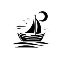 Coastal Silhouette: Sailing Boat Under Crescent Moon