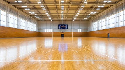 Luxurious indoor basketball arena featuring a polished wooden court state of the art digital scoreboards and a sophisticated architectural design