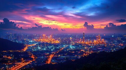 Obraz premium Night Cityscape with Illuminated Refinery under a Vibrant Sunset