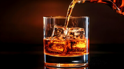 Photo Of Pouring Whiskey In A Glass With Ice Cubes Against Dark Backdrop