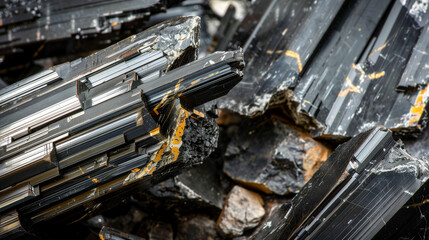 Raw lithium ore crystals on dark granite with metallic reflections, showcasing strategic mineral resources and clean energy materials for industrial use.