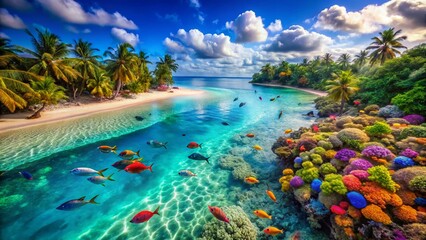 Obraz premium Aerial View of Vibrant Tropical Beach & Coral Reef with Colorful Fish