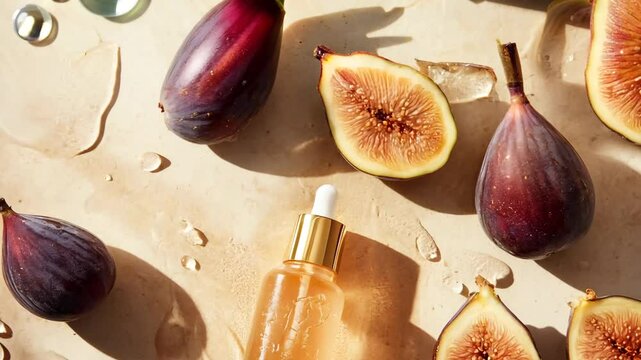 A luxurious skincare serum in a glass dropper bottle, surrounded by fresh figs on a sunlit, textured surface with scattered water droplets. The warm, golden light enhances the organic and refreshing 