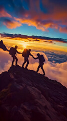 Photo of Silhouetted Climbers at Sunset on Mountain Peak with Orange Sky and Clouds