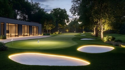 Nighttime golf course with high end technology and ambient lighting creating a luxurious and captivating atmosphere for an elegant golfing experience