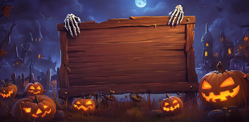 A wooden sign with an empty space for text, surrounded by Halloween decorations such as pumpkins and skeleton hands holding the board, set against a spooky graveyard background under moonlight.
