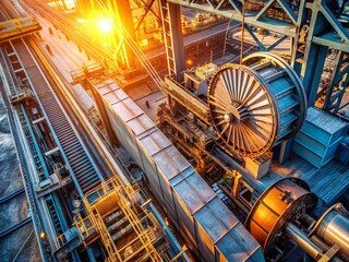 Obraz premium Aerial View: Rotating Cable Car Rollers Mechanism - Close-Up Industrial Engineering