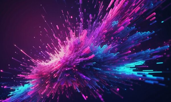 Futuristic digital art showing a burst of energy with glowing particles in motion, symbolizing quantum physics or data flow.