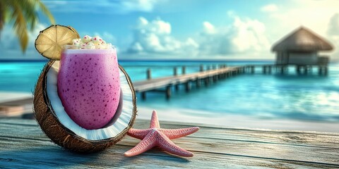 Obraz premium Watercolor Fruit Smoothie and Starfish in Coconut with Tropical Coral for T-Shirt Design, Selective focus, 3d
