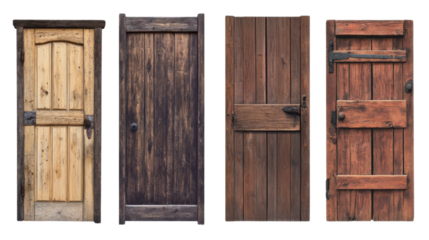 a collection of four unique wooden door isolated on white background