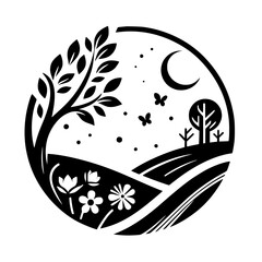 Serene Nightscape: Black & White Nature Circle Design
