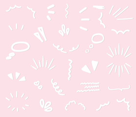 A delicate pink background with a set of abstract white elements such as lines, waves, clouds, brackets, hearts and bubbles for speech. It is suitable for use as a decorative element, background for w