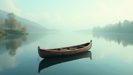 Obraz premium Serene Wooden Rowboat on Calm Misty Lake at Dawn Peaceful Nature Scene