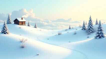 Serene Winter Cabin Landscape Snow Covered Hills Trees and Footprints