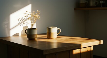 Two Mugs with Flowers on Wooden Table in Warm Sunlight
