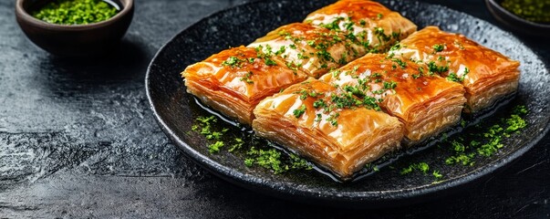 turkish baklava with sugar syrup made of fresh fresh puff pastry as wide banner with copyspace area - Generative AI