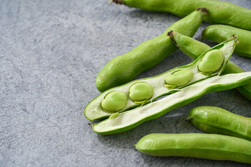 グレー背景に並べた春が旬のそら豆