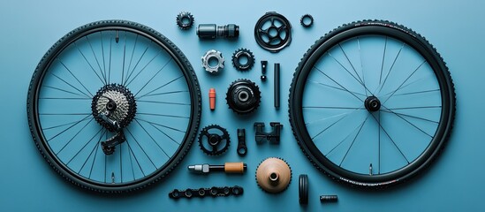 Bicycle Parts Disassembled on Blue Background