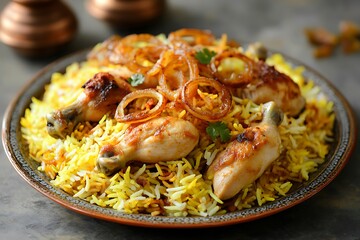 Fototapeta premium A delicious serving of chicken biryani, with tender chicken pieces, fluffy saffron rice, and crispy fried onions, served on a traditional ceramic plate. 
