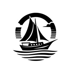 Monochrome Sailing Emblem: Boat on Waves with Sun and Clouds