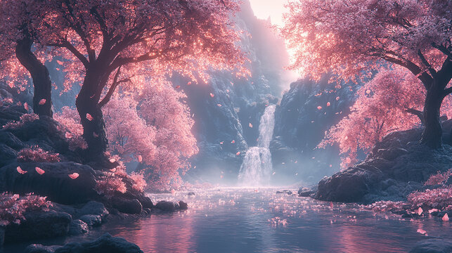 Pink Blossom Waterfall Forest Scene